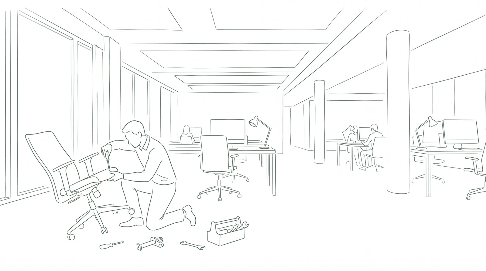 Reduzierte Linienzeichnung: Ein Techniker kniet in einem Büro neben einem gekippten Bürostuhl und tauscht ein Teil der Sitzmechanik, im Hintergrund Arbeitsplätze mit Menschen