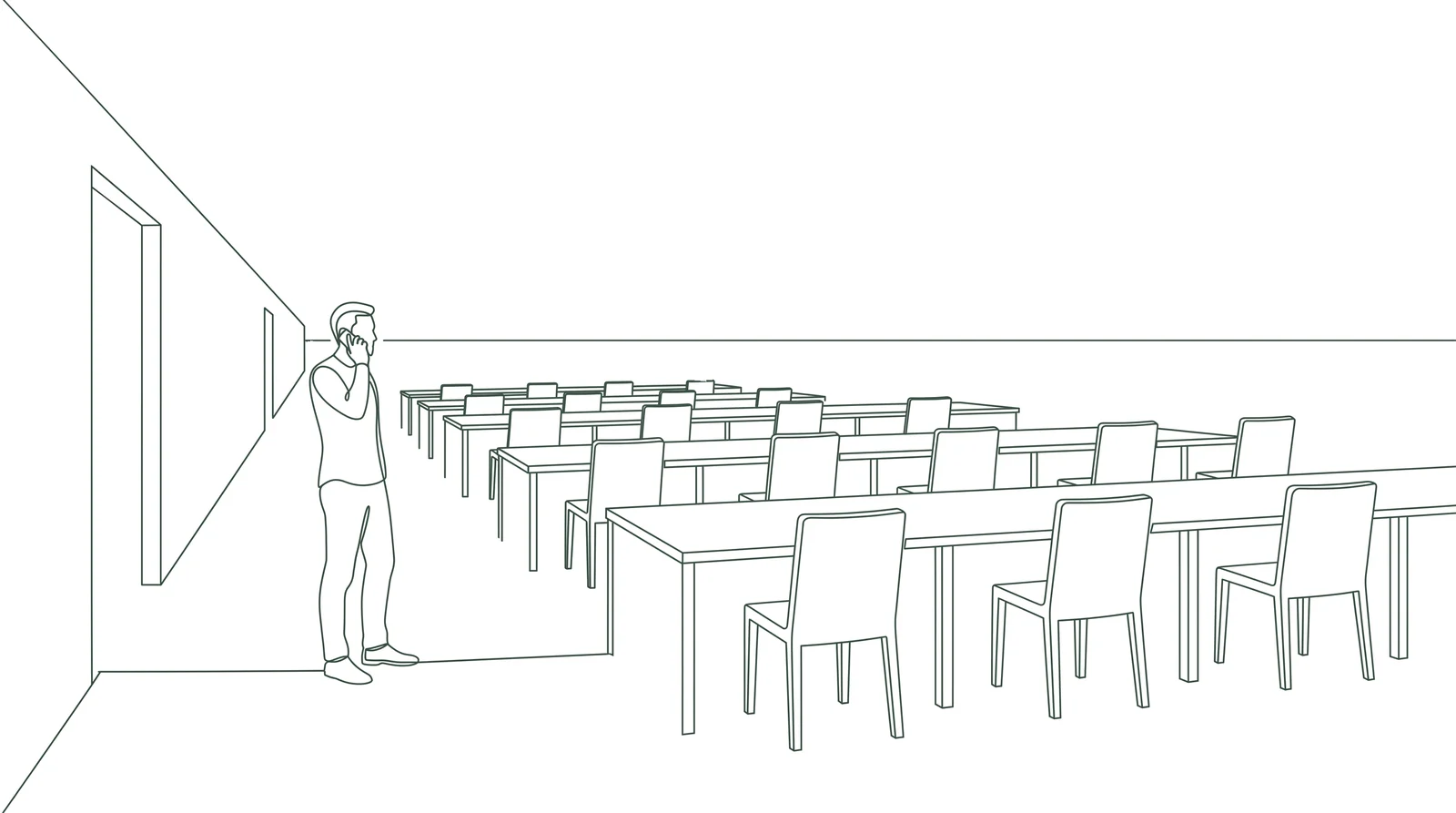 Line-Art-Zeichnung: Eine Person telefoniert am Rand eines Großraumbüros, dahinter Reihen leerer Schreibtische.